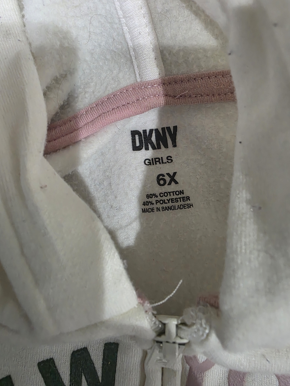 DKNY Kids White Zip-Up Hoodie with Pink & Green Logo - Picture 3 of 4